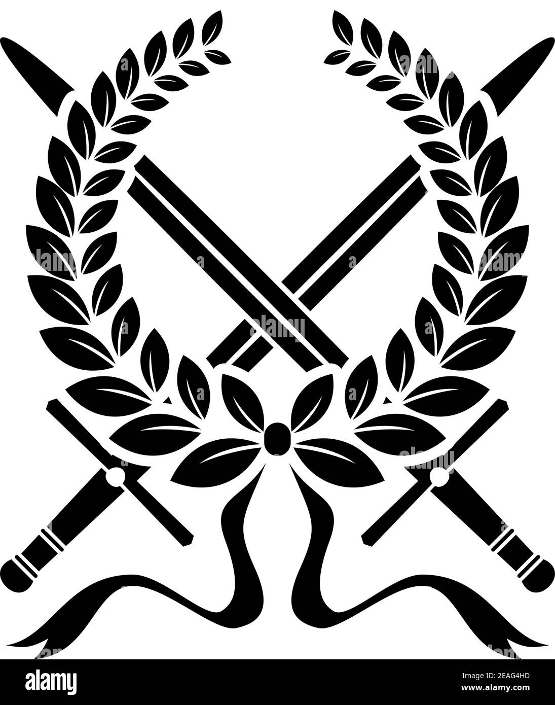 Corona di vittoria di foglie di alloro con spade incrociate, illustrazione vettoriale in bianco e nero Illustrazione Vettoriale