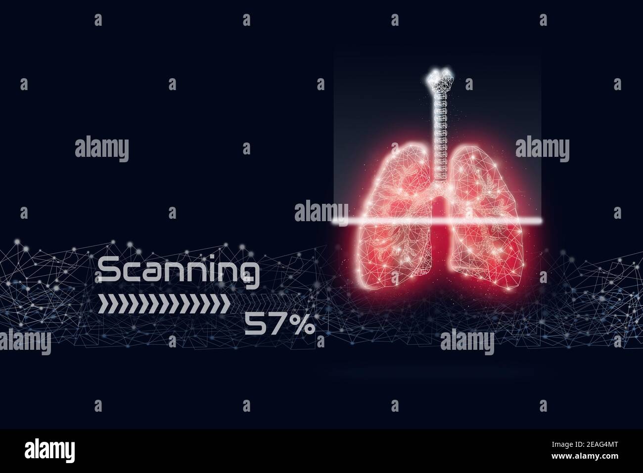 Scansione di polmoni poly-umani rossi bassi con linea digitale su sfondo blu scuro. Organo anatomico astratto. Sanità e medicina, Covid-19, innovazione e. Foto Stock