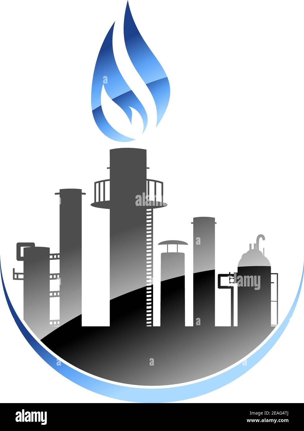 Icona vettoriale raffigurante una moderna raffineria di petrolio o un impianto industriale con alti smokestacks o camini con quello centrale che emette una fiamma ardente Illustrazione Vettoriale