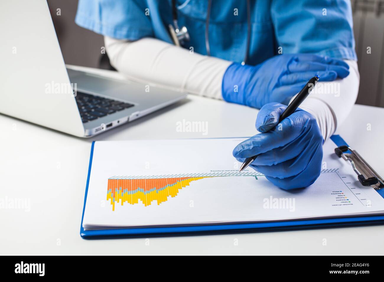 Medico che indossa guanti protettivi analisi dati COVID-19 info,Coronavirus pandemia globale crisi epidemie, statistiche che mostrano il numero crescente di infetti Foto Stock