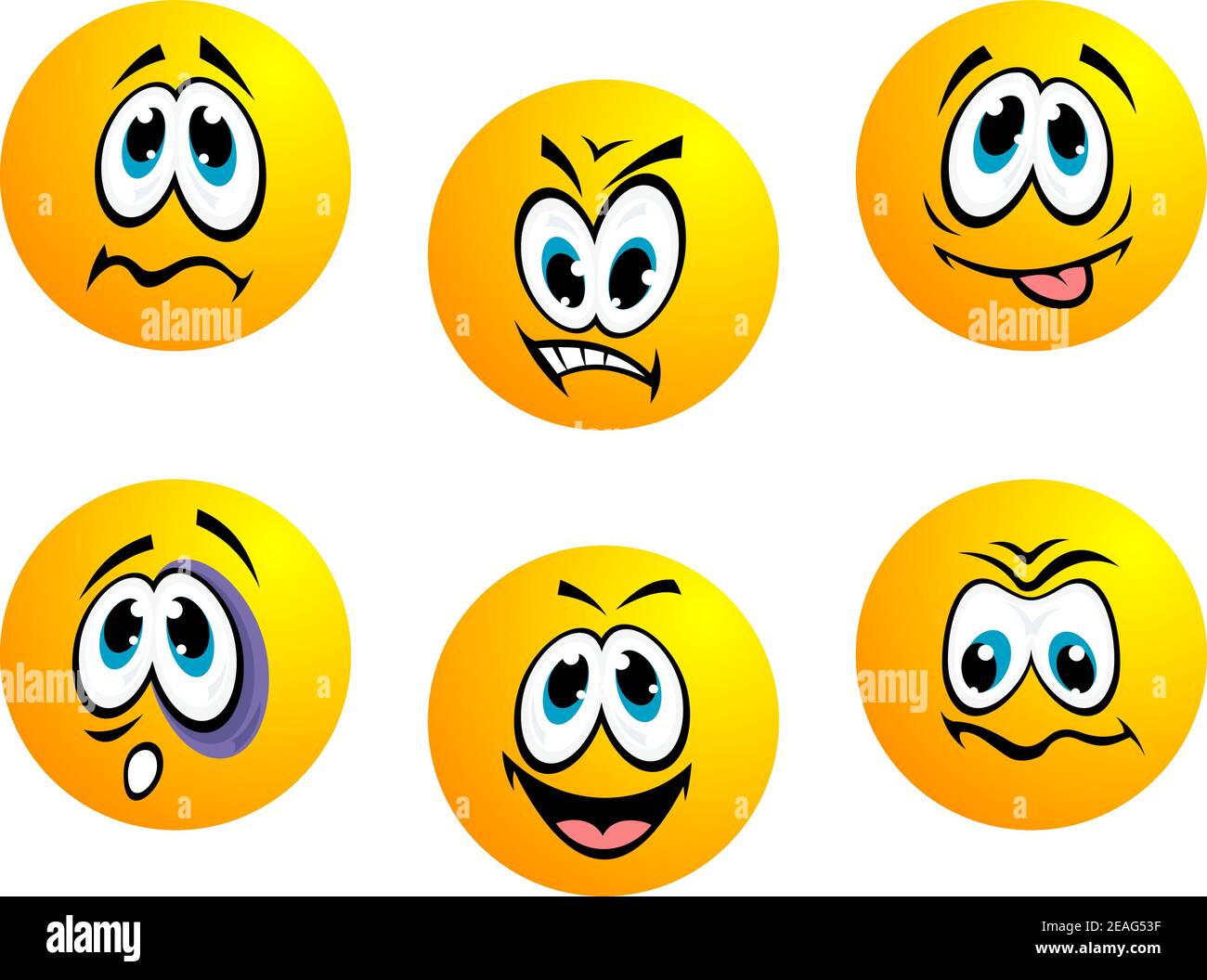Raccolta di emoticon gialle che mostrano una serie di espressioni tra cui rabbia, disordine, felice, perplesso, scioccato, preoccupato e rassegnato ignoranza isol Illustrazione Vettoriale