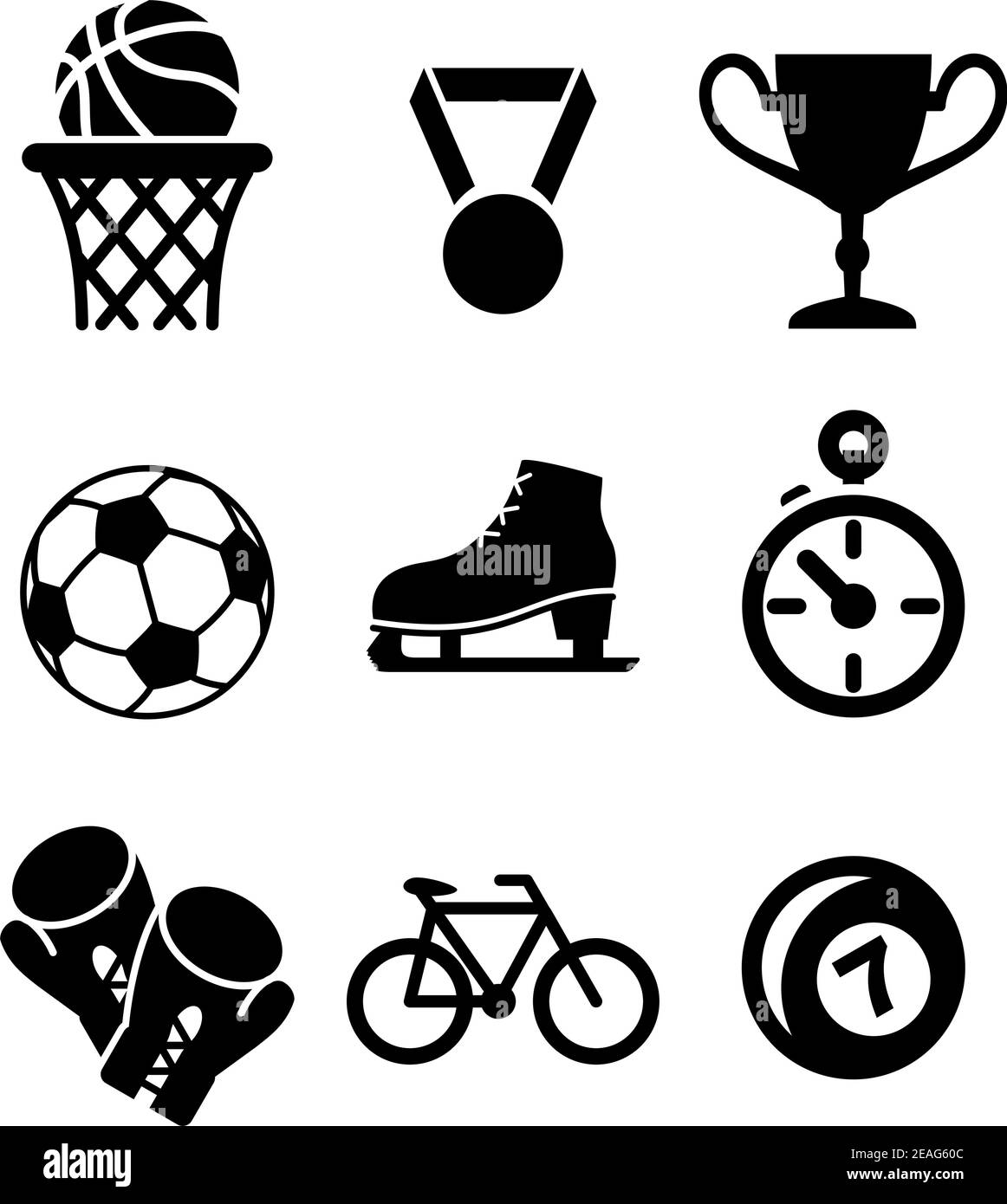 Collezione di icone sportive tra cui basket, calcio, calcio, pattinaggio su ghiaccio, guanti di pugilato, ciclismo e bocce con una medaglia di vincitori, trofeo e sto Illustrazione Vettoriale