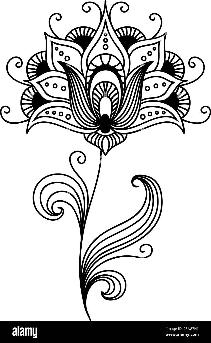 Ornato persiano singolo fiore disegno con petali e tendini curling graziosi e foglie vorticose, illustrazione vettoriale Illustrazione Vettoriale
