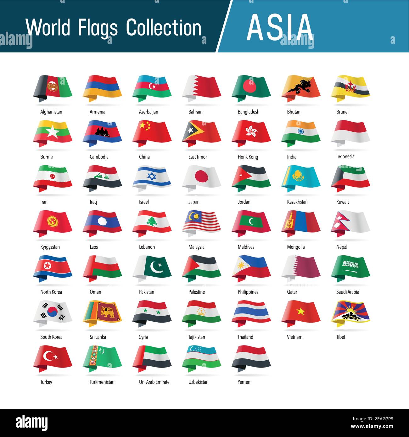 Bandiere dell'Asia, che ondeggiano nel vento. Icone che indicano la posizione, l'origine, la lingua. Raccolta di bandiere mondiali vettoriali. Illustrazione Vettoriale