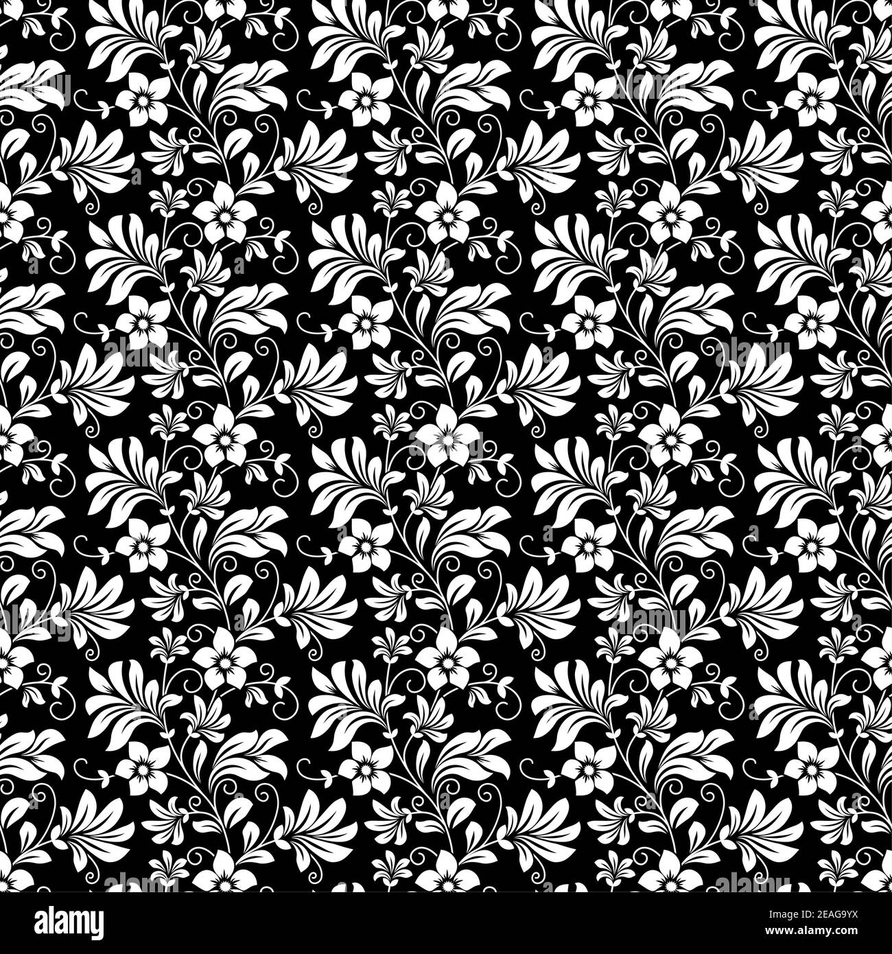 Bella intricata retro senza cuciture motivo floreale di fiori densi imballati in nero e bianco adatto per carta da parati, piastrelle e tessuto in squa Illustrazione Vettoriale