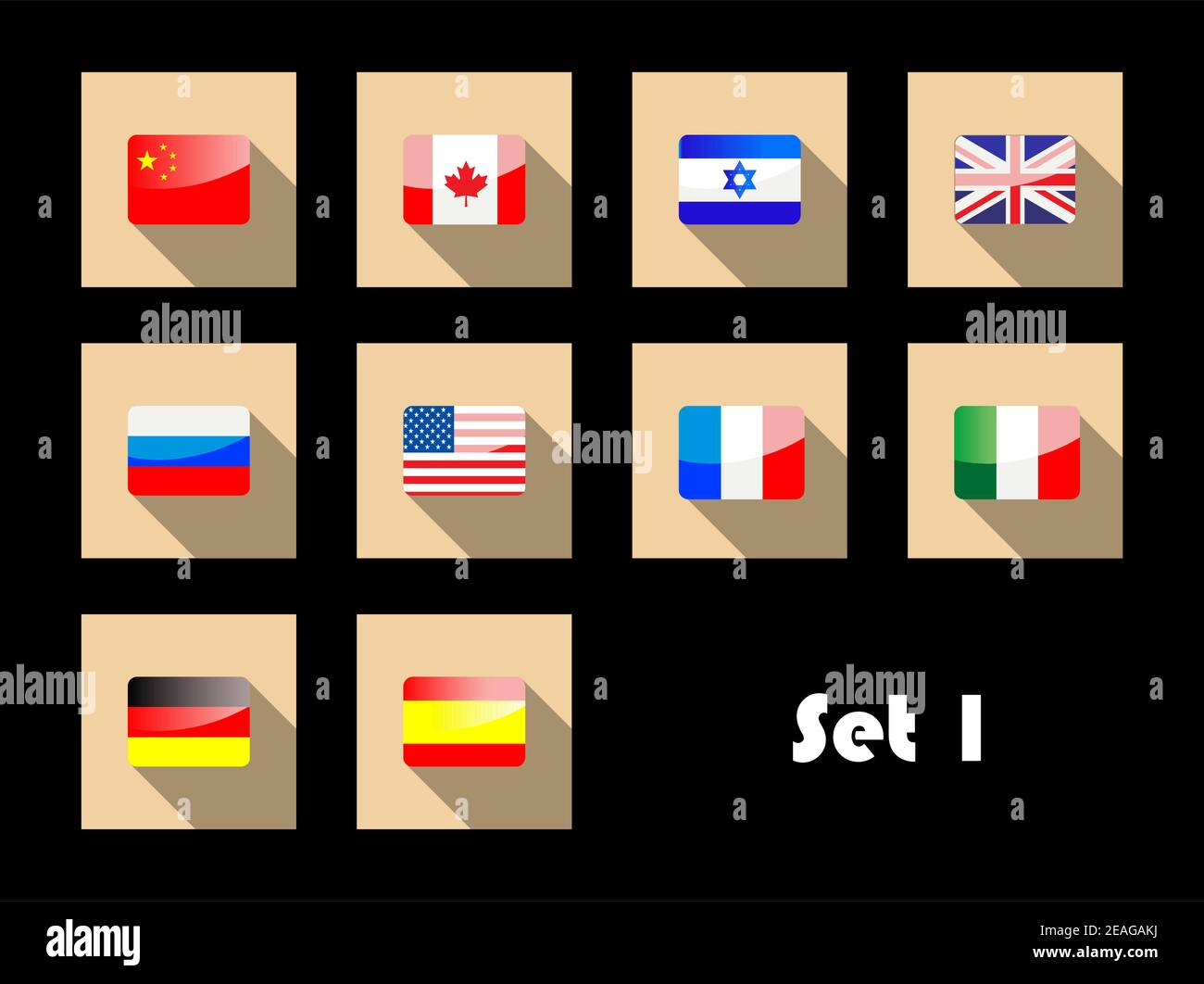 Serie di bandiere nazionali internazionali diverse su icone piatte con Gran Bretagna, Francia, Canada, Stati Uniti, Italia, Israele, Spagna, Germania, Russia AN Illustrazione Vettoriale