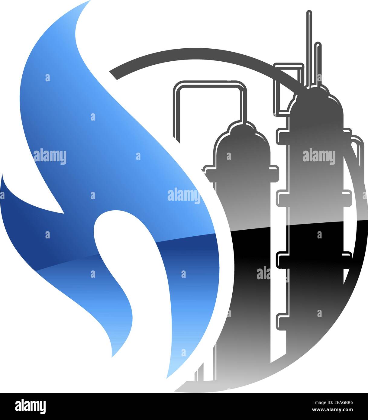 Icona dell'industria petrolchimica e del gas con una fiamma blu ardente e serbatoi in un impianto industriale in una potenza ed energia concetto Illustrazione Vettoriale