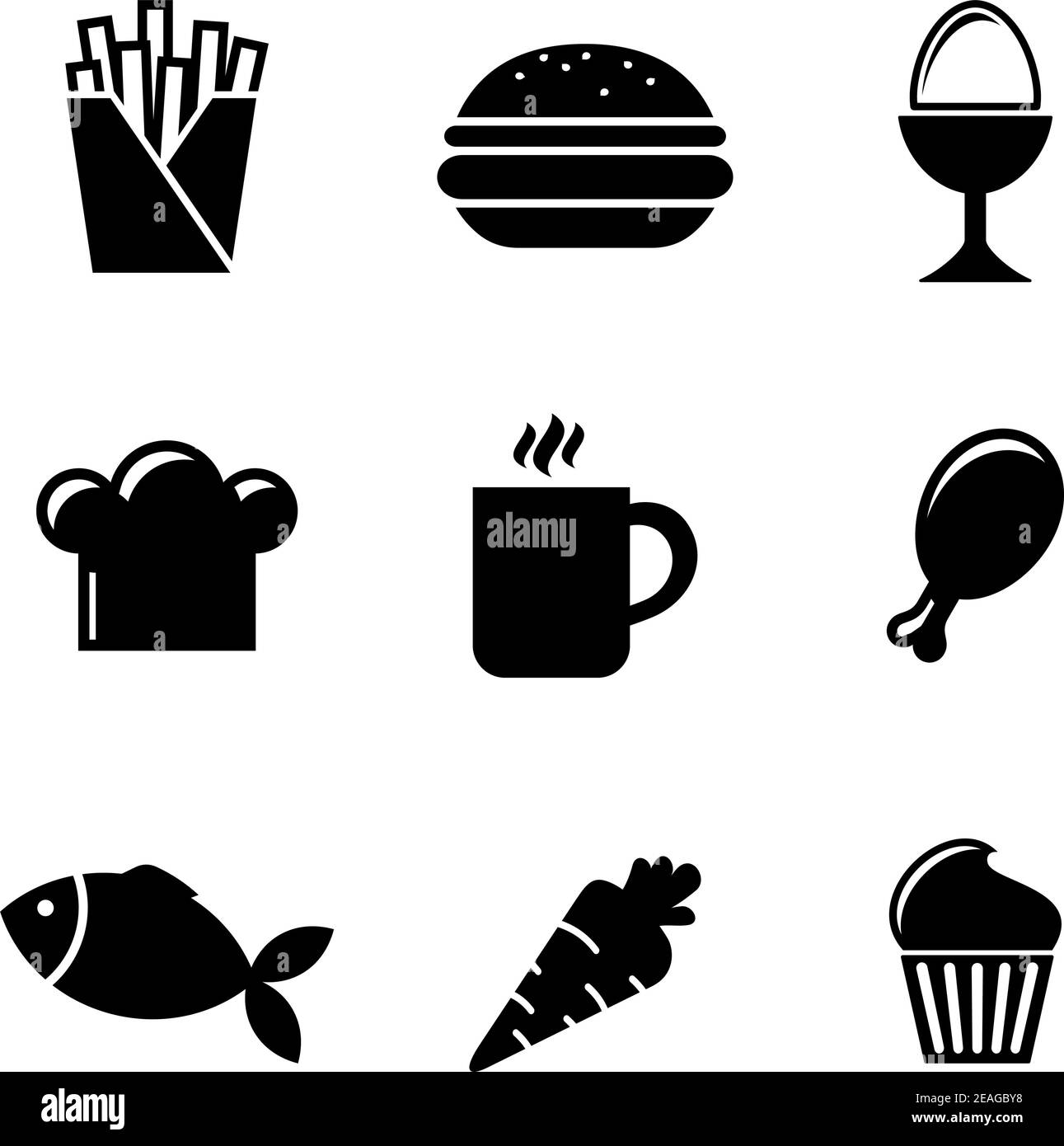 Collezione di icone di cibi dalle silhouette bianche e nere, tra cui patatine fritte, uova sode, toque, biscotti, caffè, bastone, pesce, carote e cupcake Illustrazione Vettoriale