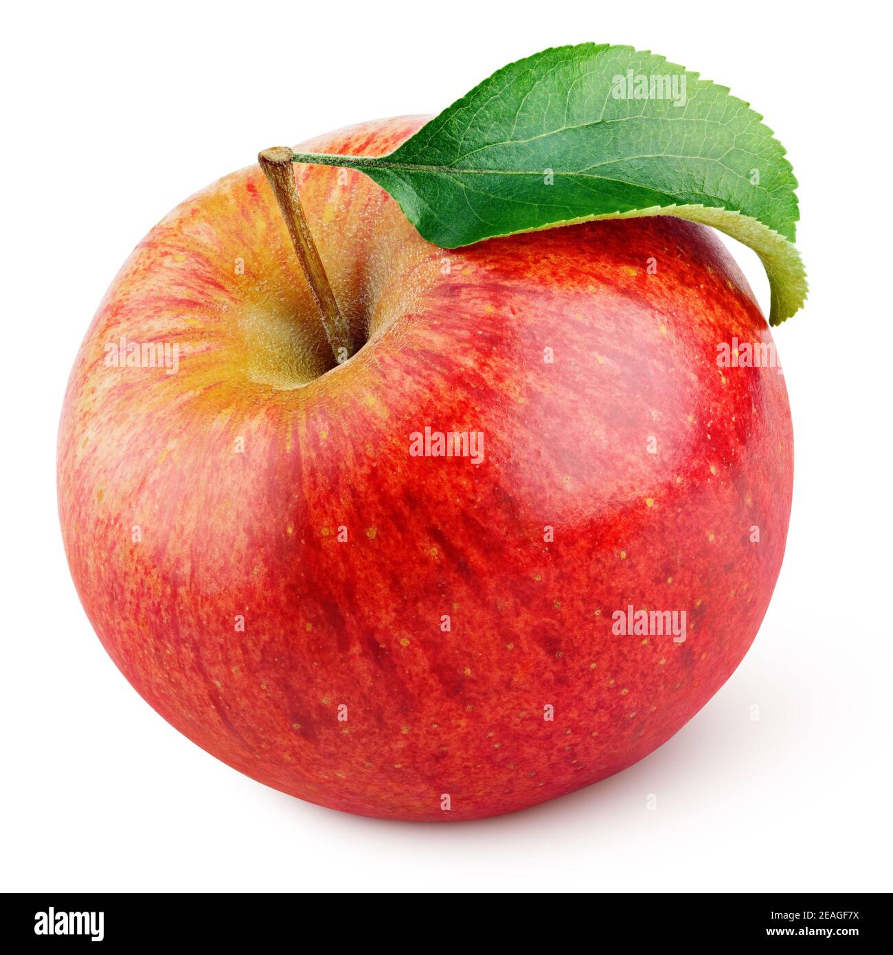 Singola mela rossa matura con foglia verde isolata sfondo bianco con tracciato di ritaglio Foto Stock