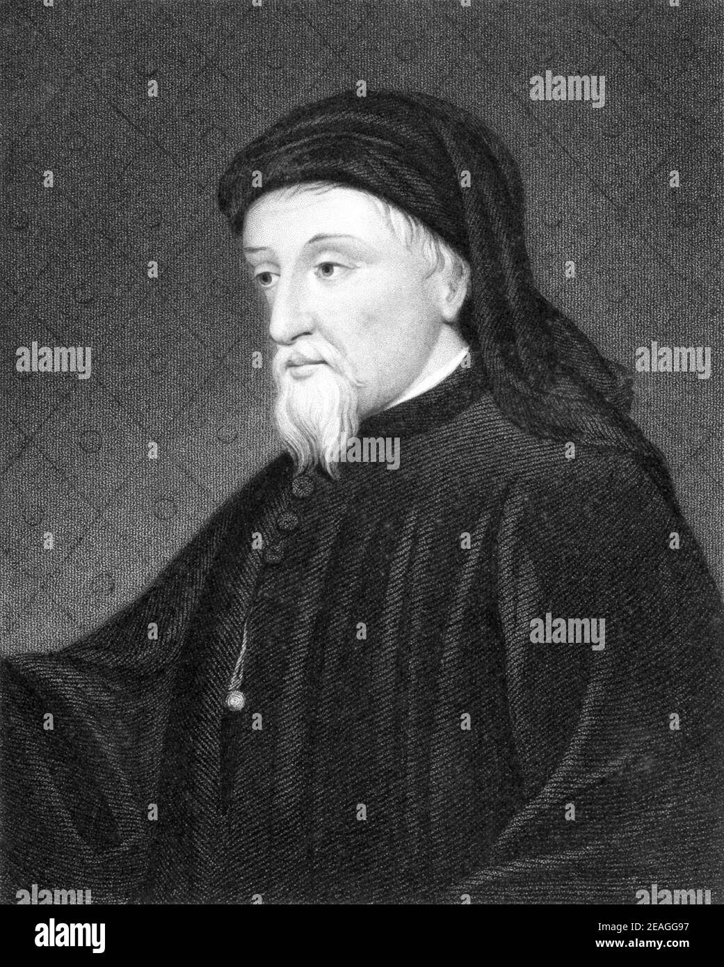 Chaucer, Geoffrey Chaucer (1340 – 1400) poeta e autore inglese. Ampiamente considerato il più grande poeta inglese del Medioevo, meglio conosciuto per i Canterbury Tales. Foto Stock