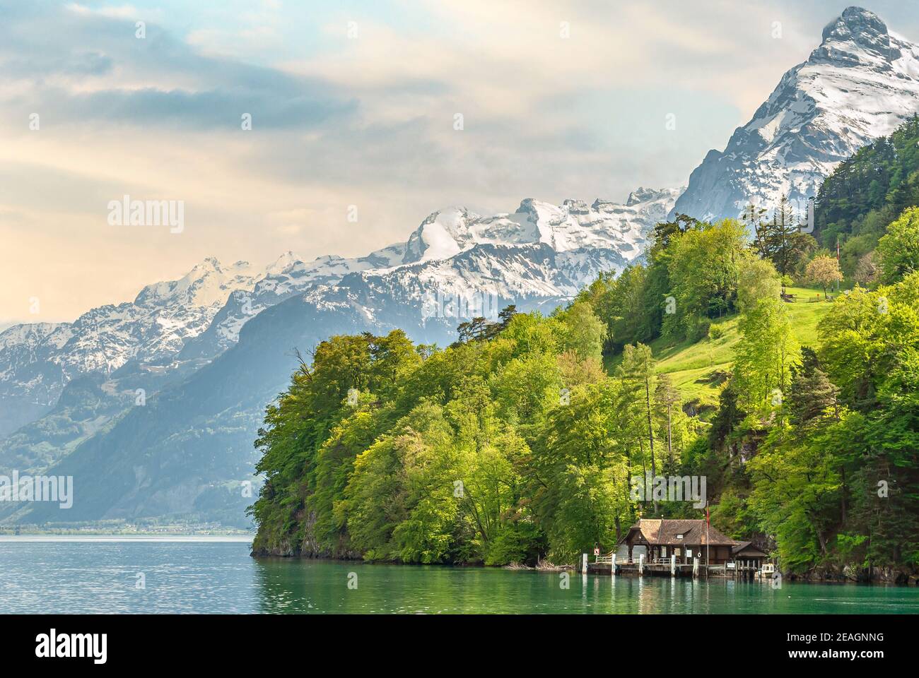 Paesaggio montano sul Lago di Lucerna vicino a Bauen, Svizzera, con la catena montuosa di Uri Rotstock sullo sfondo Foto Stock