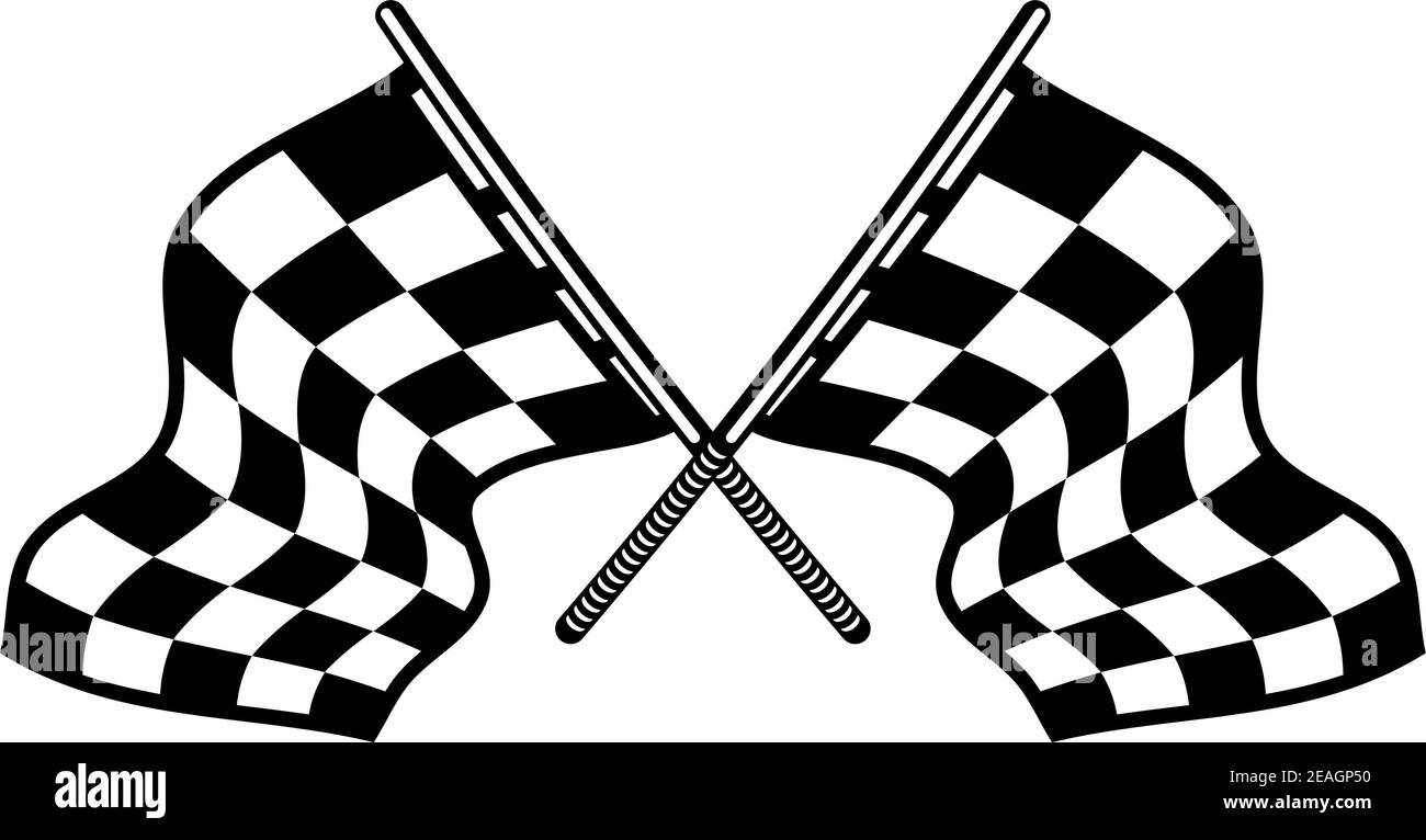 Bandiere incrociate per sport motoristici con le loro caratteristiche in bianco e nero pattern a scacchi che si fluttering nel vento Illustrazione Vettoriale
