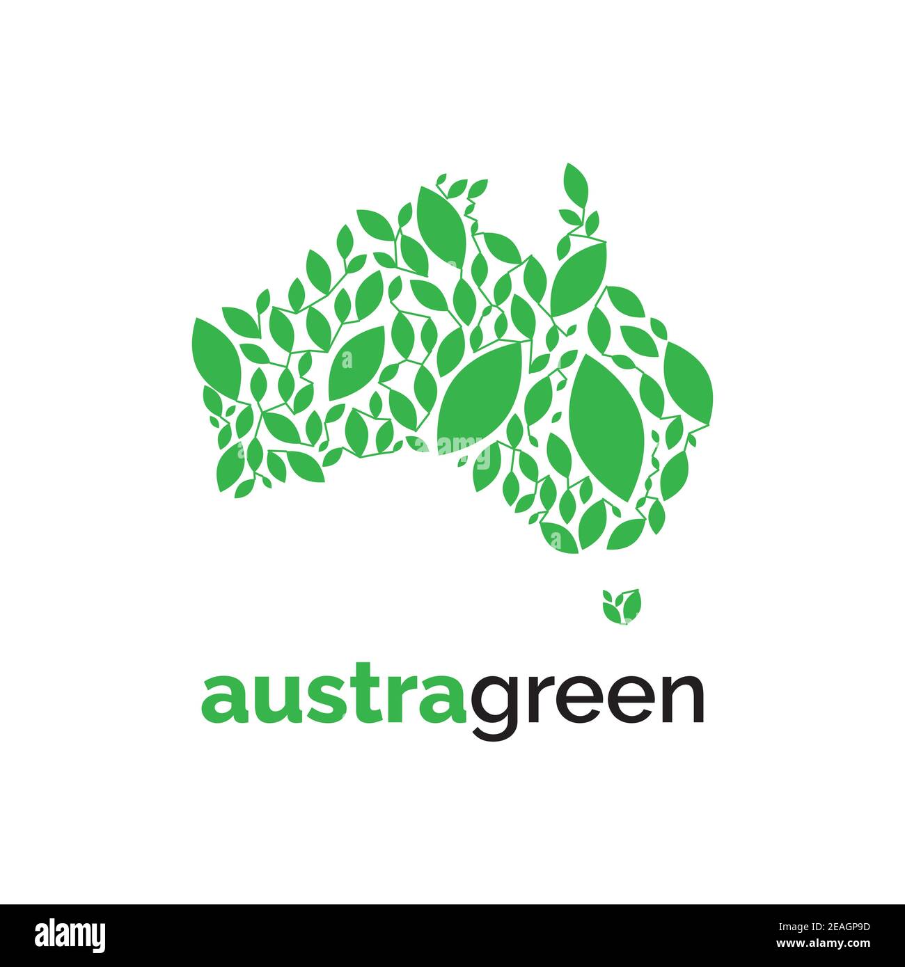 Modello vettoriale per il design del logo australiano. Terra verde con simbolo di foglia Illustrazione Vettoriale