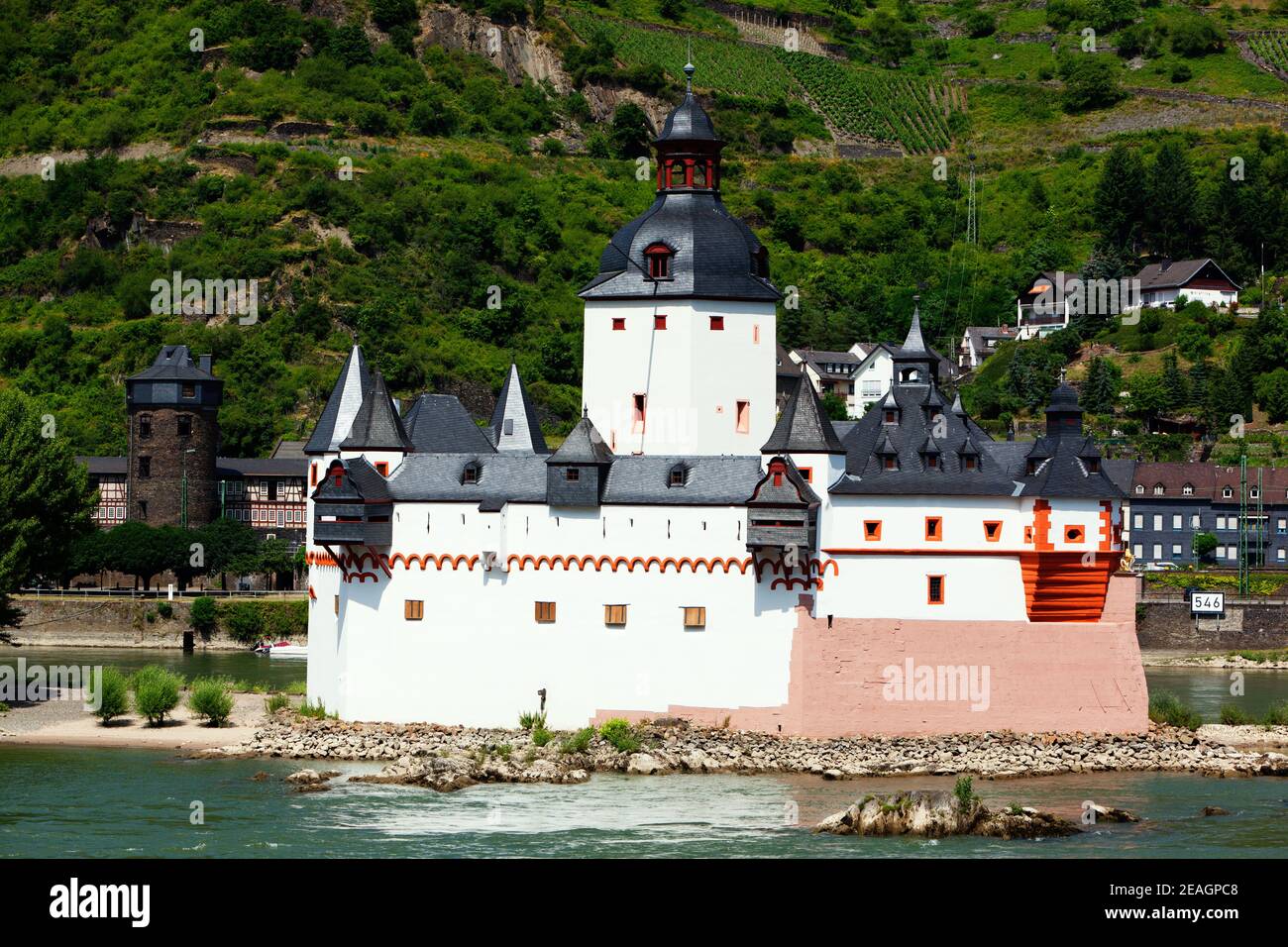 Burg Pfalzgrafenstein, un castello a pedaggio sul Reno (Rhein). Foto Stock