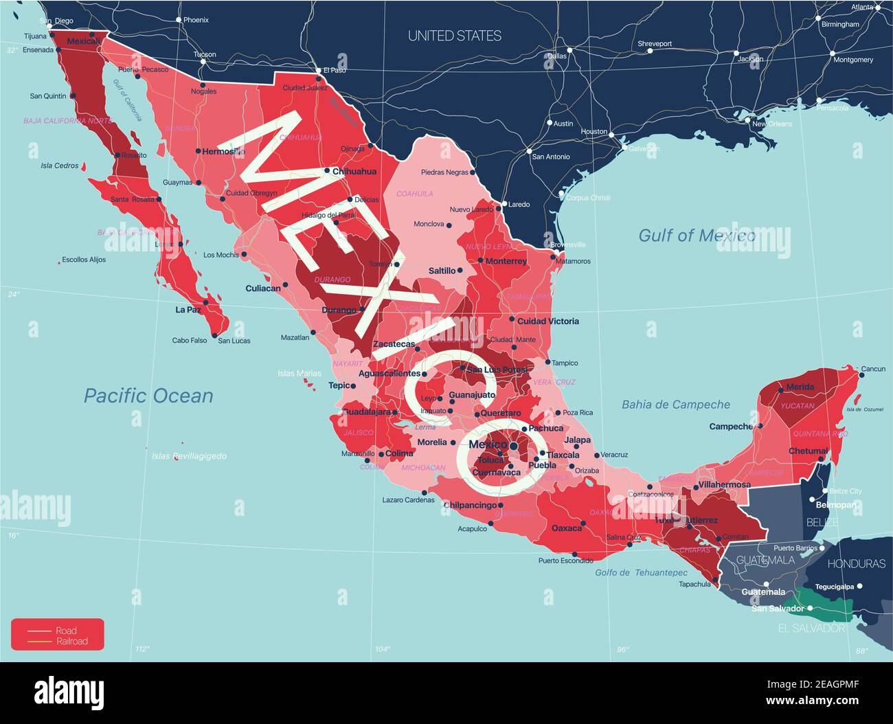 Paese del Messico Mappa dettagliata modificabile con regioni città e città, strade e ferrovie, siti geografici. File vettoriale EPS-10 Illustrazione Vettoriale