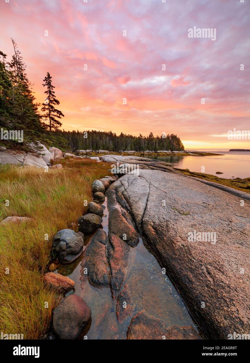 Deer Isle, Maine: Alba colorata sulla costa della baia di Jericho Foto Stock
