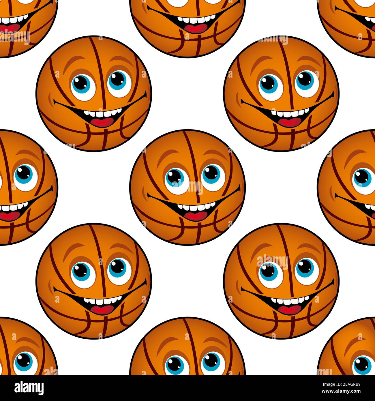 Motivo di sfondo senza cuciture di un felice cartoon basket con blu occhi e un sorriso toothy in formato quadrato adatto per tessuto o carta da parati Illustrazione Vettoriale