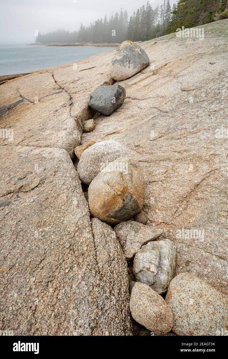 Deer Isle, Maine: Le rocce costeggiano una profonda fessura lungo la costa nebbiosa della baia di Jericho Foto Stock