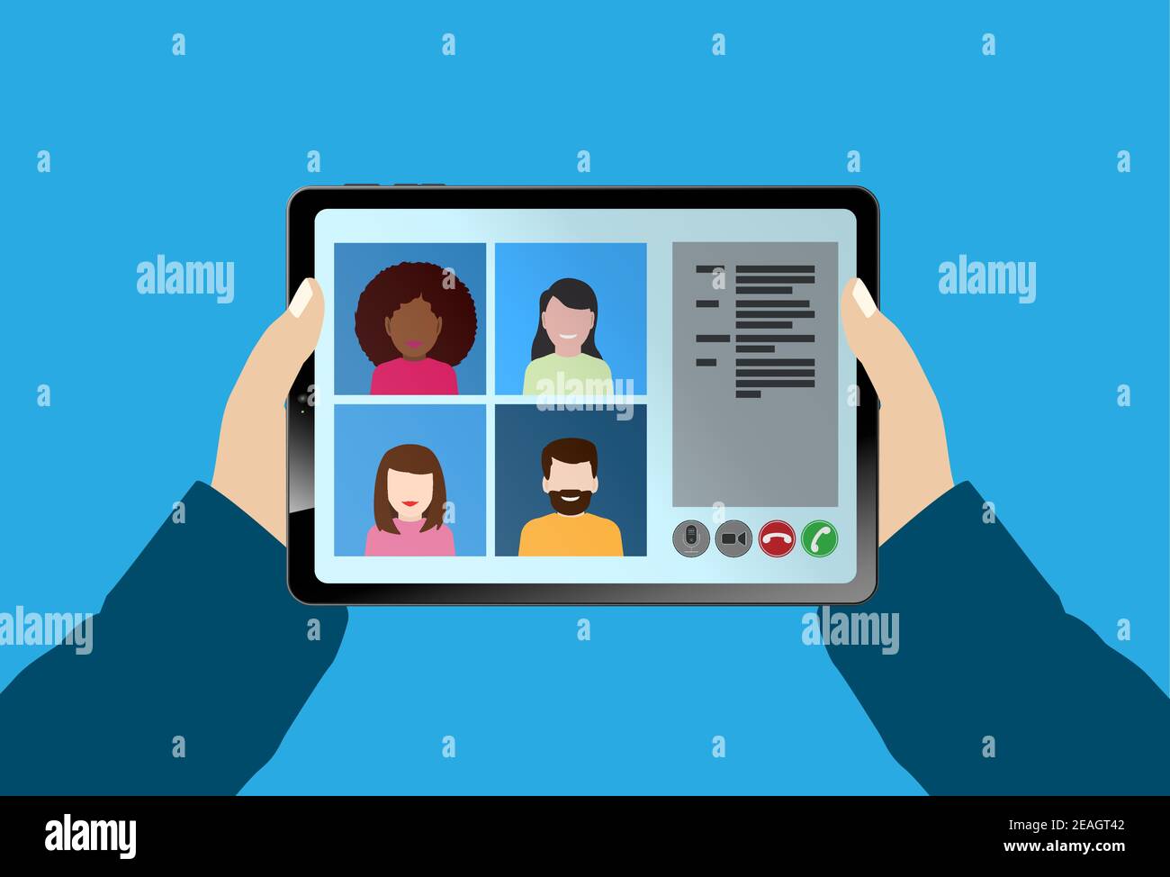 le mani della persona che tiene un tablet con una videochiamata in conferenza illustrazione vettoriale Illustrazione Vettoriale
