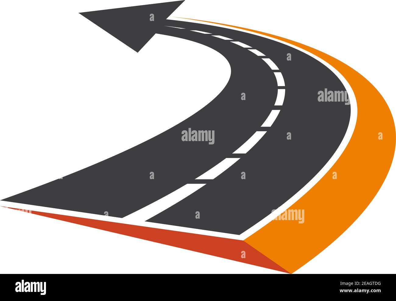 Strada stilizzata curva tarata con un puntatore a freccia e decrescente prospettiva al punto di fuga Illustrazione Vettoriale