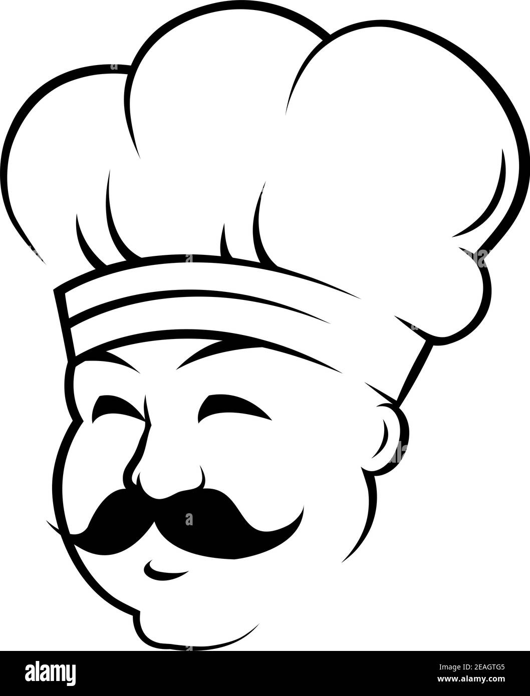 Capo di uno chef sorridente che indossa un tradizionale toque bianco con baffi neri arriccianti, bozzetto bianco e nero Illustrazione Vettoriale