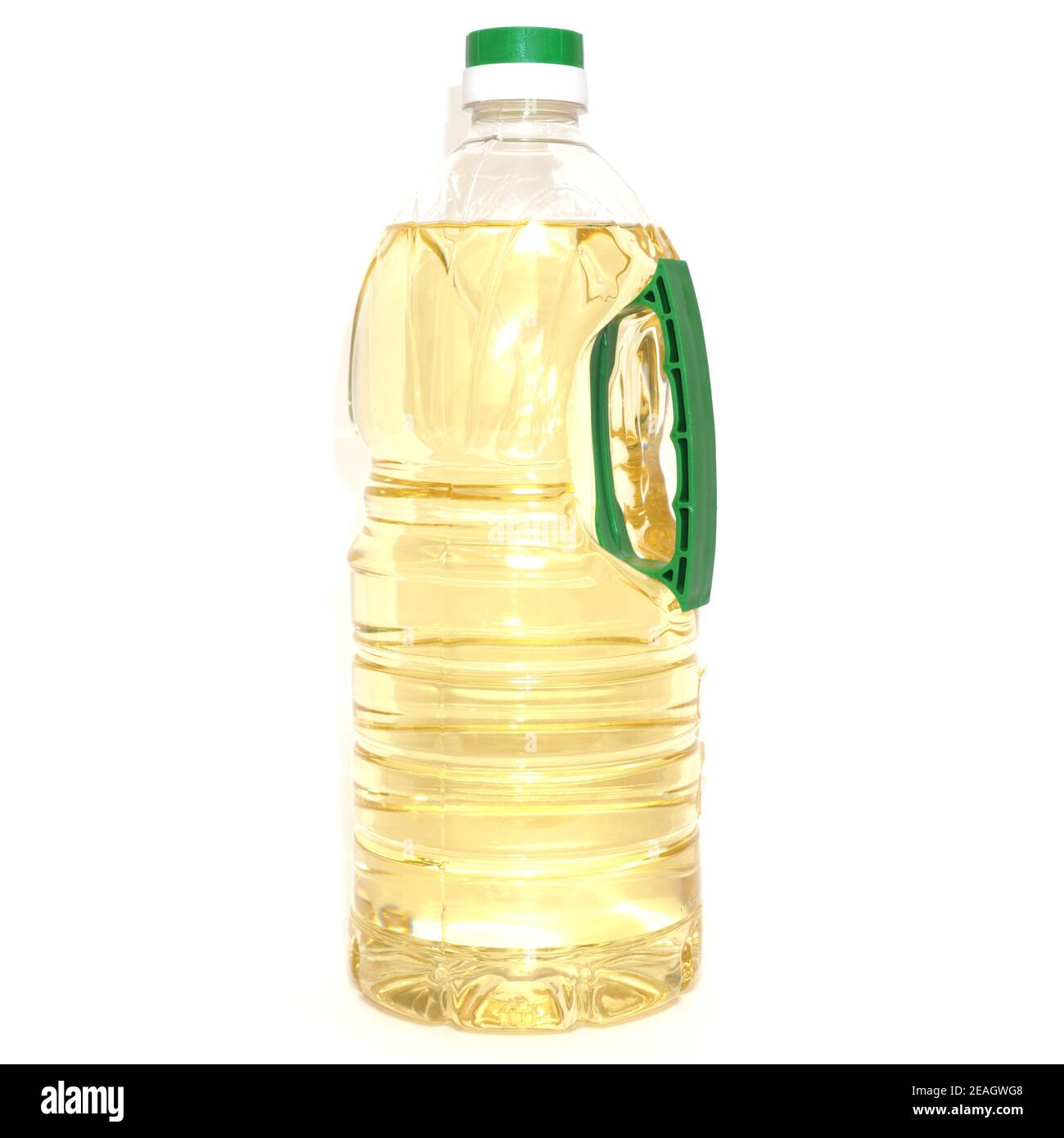 Bottiglia grande di olio di girasole extra vergine isolato su bianco sfondo Foto Stock