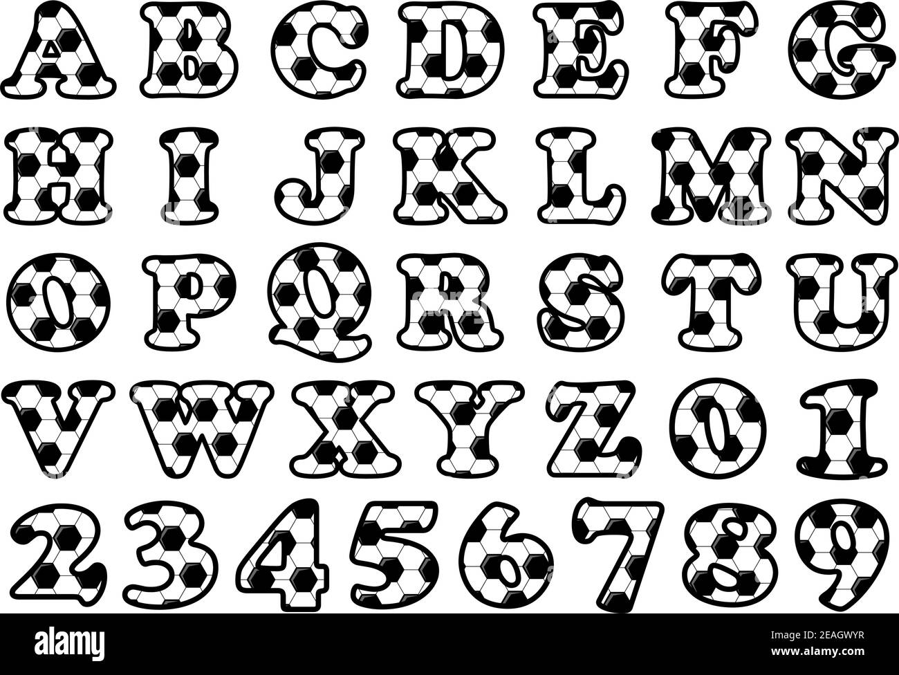 Alfabeto con motivo di calcio e serie di numeri di lettere maiuscole per elementi di disegno tipografico Illustrazione Vettoriale