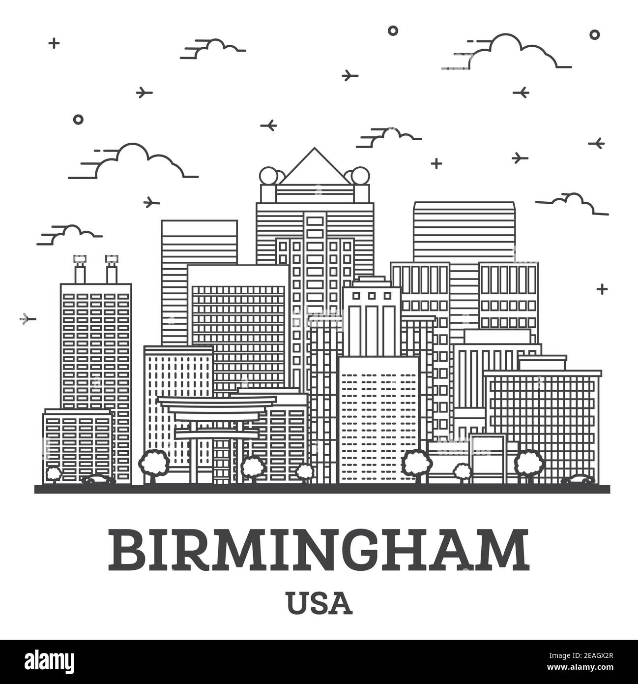 Profilo Birmingham Alabama USA City Skyline con edifici moderni isolati su bianco. Illustrazione vettoriale. Birmingham USA con monumenti storici. Illustrazione Vettoriale