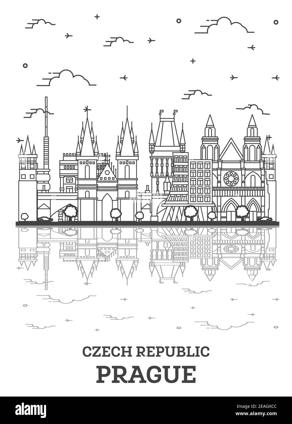 Profilo Praga Repubblica Ceca Città skyline con edifici storici e riflessi isolati su bianco. Illustrazione vettoriale. Paesaggio urbano di Praga Illustrazione Vettoriale