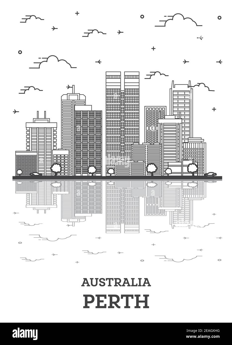 Delineate lo skyline della Citta' di Perth Australia con edifici moderni e riflessi isolati su White. Illustrazione vettoriale. Il paesaggio urbano di Perth con i suoi monumenti storici. Illustrazione Vettoriale