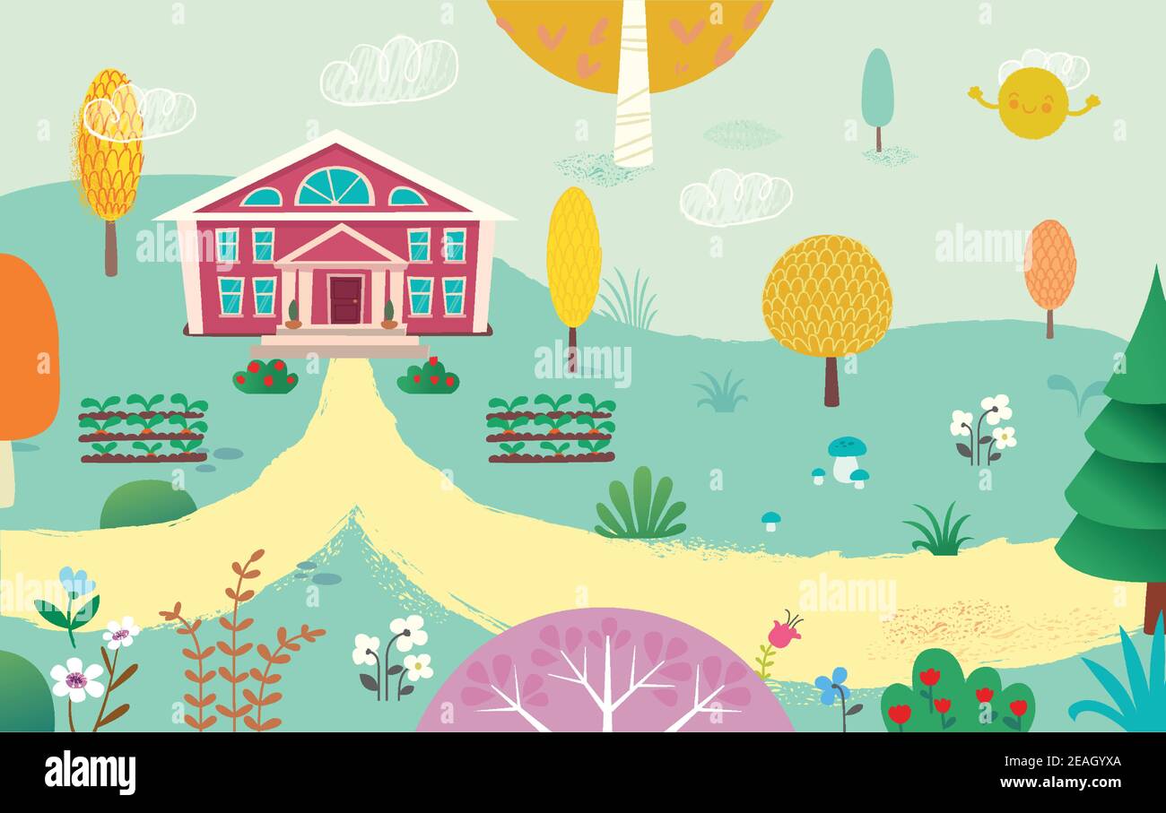 Illustrazione del cortile vuoto e della scuola. Strada per la scuola. Estate bambini paesaggio con gli alberi, fiori, funghi e piante. Illustrazione Vettoriale