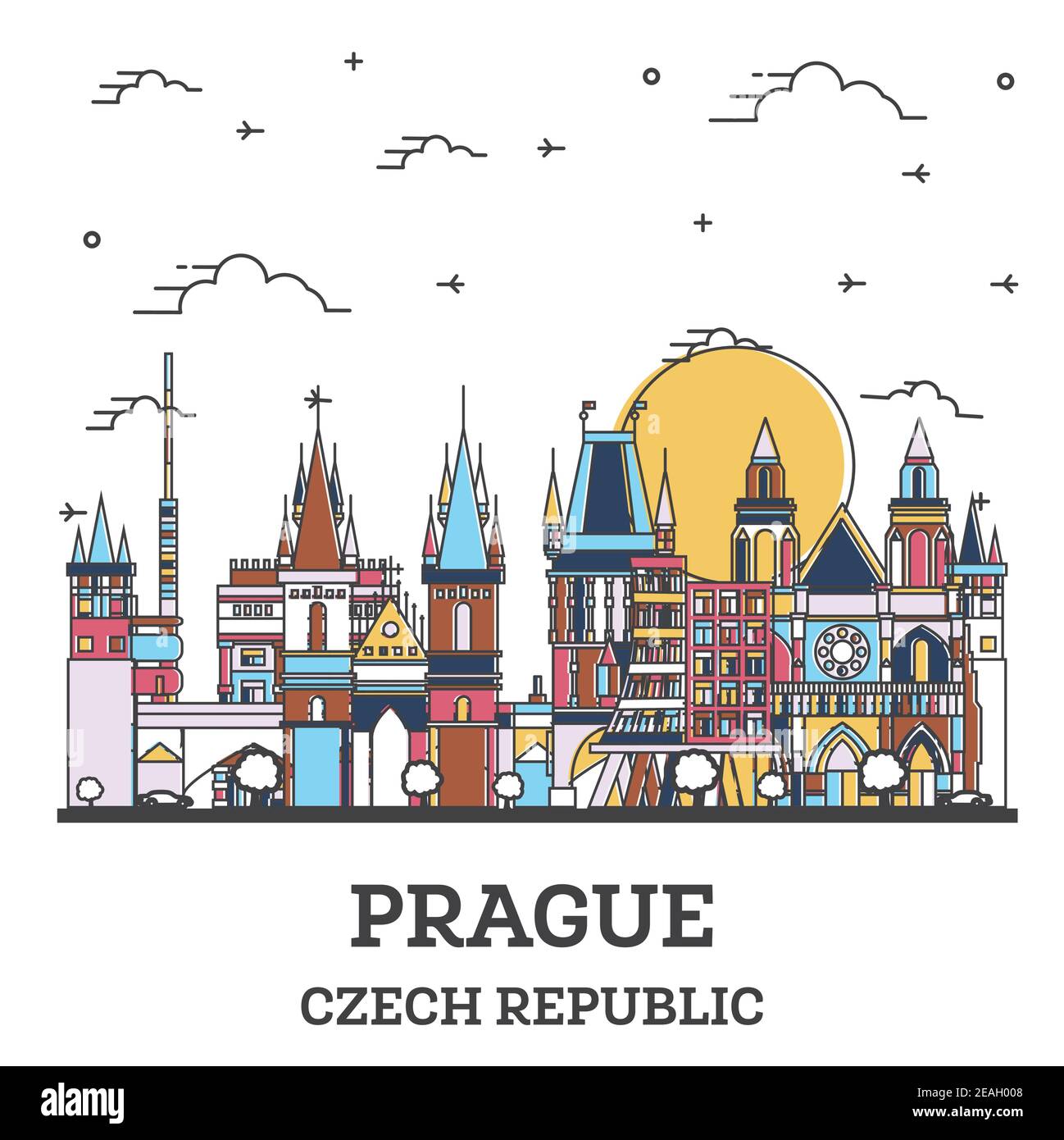 Profilo Praga Repubblica Ceca Città skyline con colorati edifici storici isolati su bianco. Illustrazione vettoriale. Paesaggio urbano di Praga con i punti di riferimento. Illustrazione Vettoriale