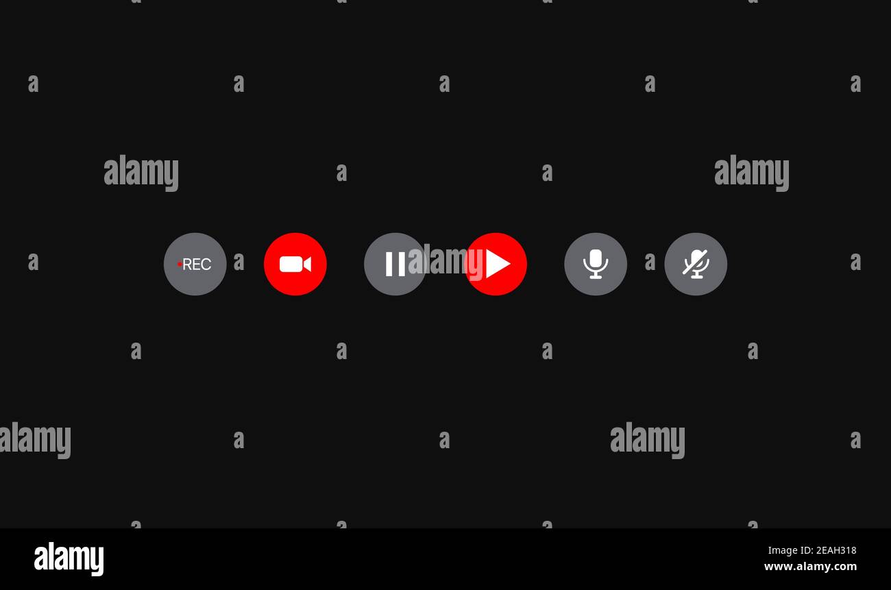 Pulsanti dei social media. Set di icone per la piattaforma di streaming video. Registrazione, fotocamera, riproduzione. Pausa, esclusione microfono, riattiva microfono. Illustrazione vettoriale Illustrazione Vettoriale