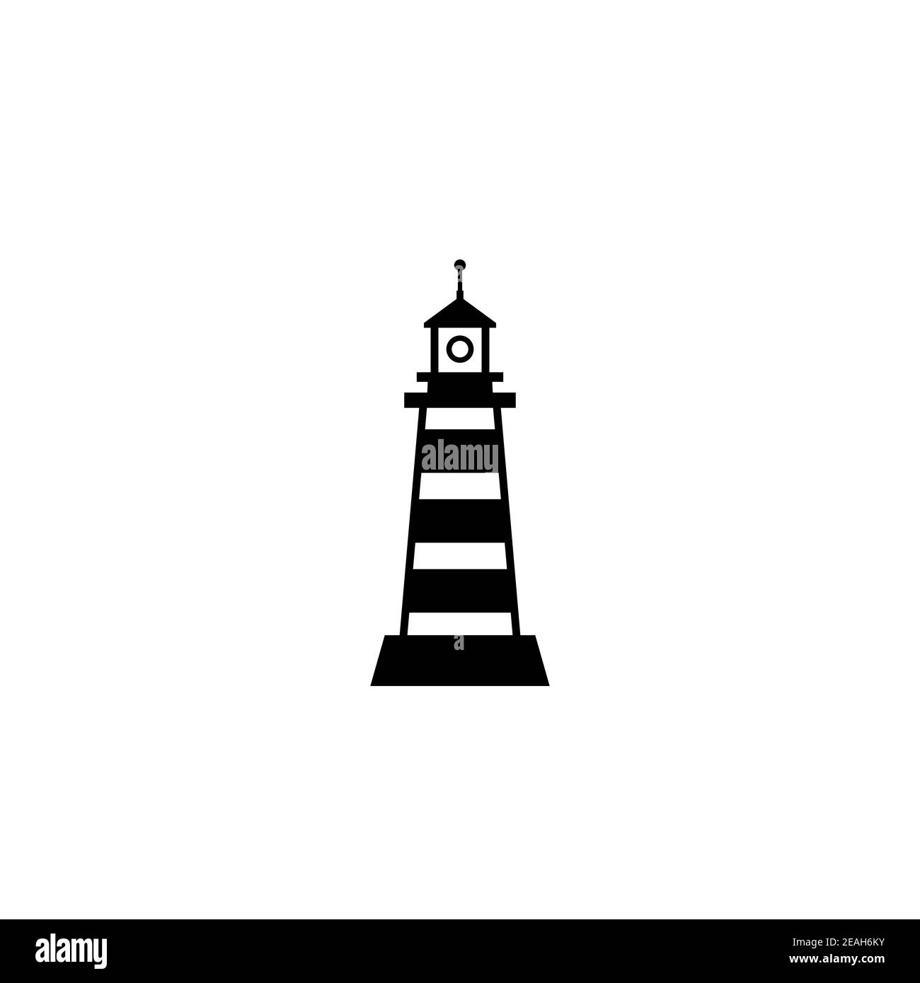 Faro nero, faro, icona faro. Simbolo nautico, marittimo, marino, navale. Seashore semplice illustrazione su sfondo blu. Segnale speranza hin Illustrazione Vettoriale