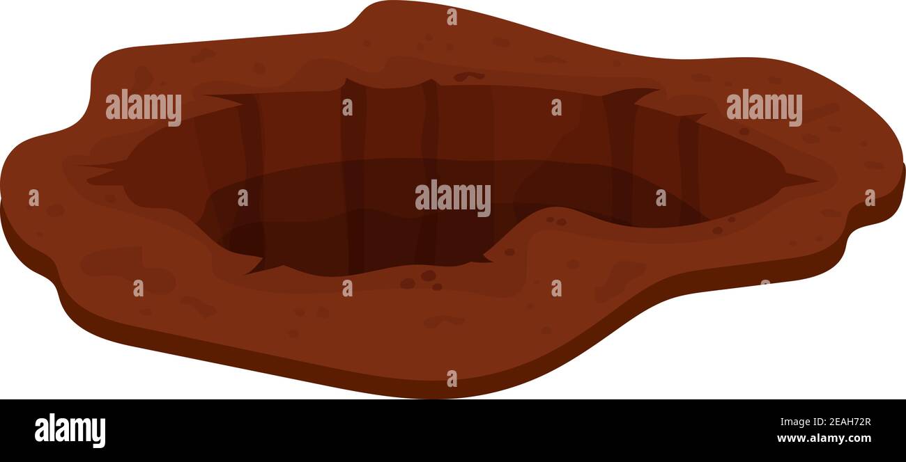 Buco, buca in terra in stile cartone animato isolato su sfondo bianco stock illustrazione vettoriale. Ingresso sotterraneo, rovina misteriosa, nido grande. Design elem Illustrazione Vettoriale