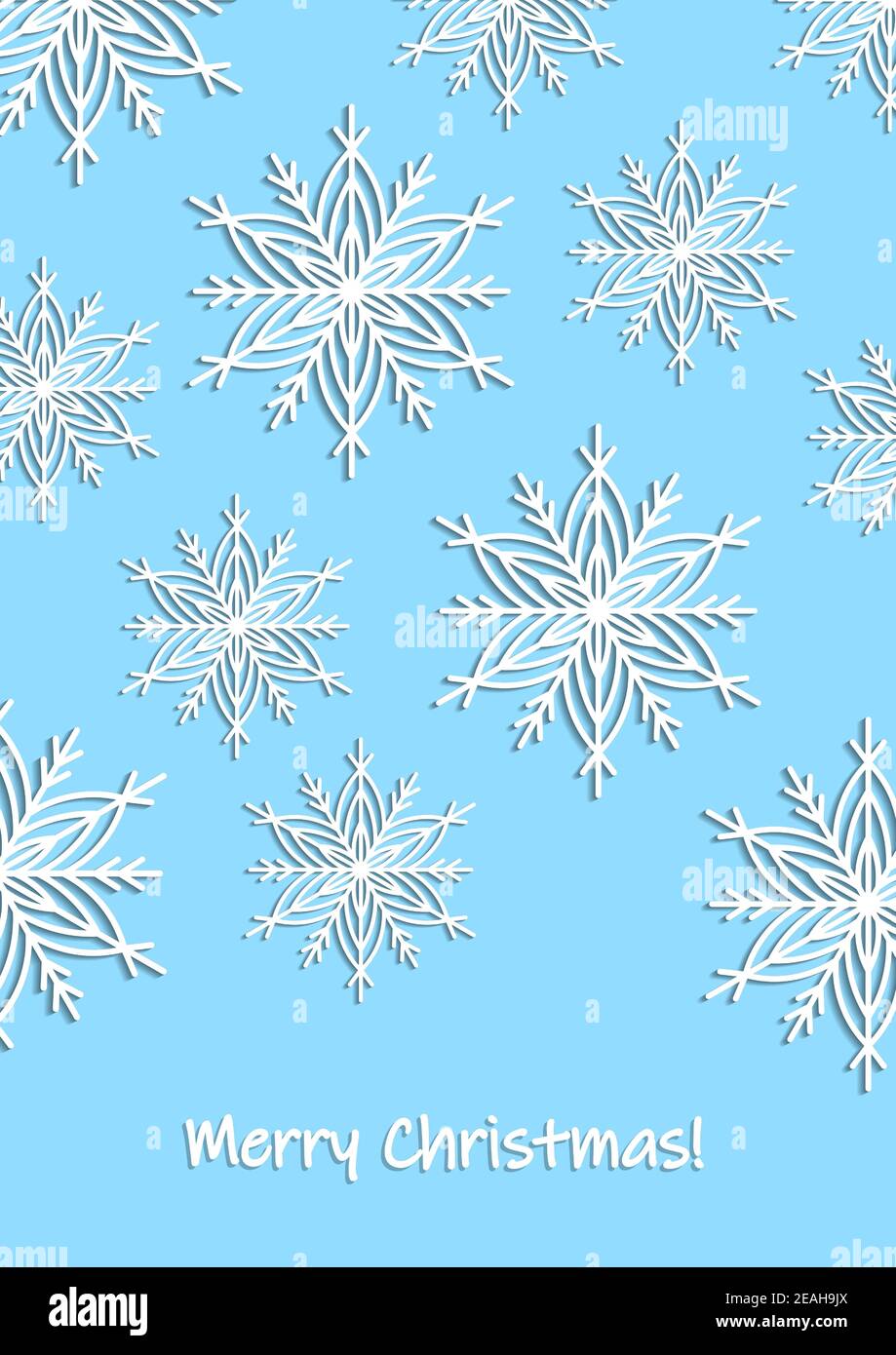 Buon Natale, festa, biglietto d'auguri e di invito per la celebrazione, banner, cornice, intestazione, cartolina. Modello di layout. Fiocchi di neve bianchi su blu Illustrazione Vettoriale