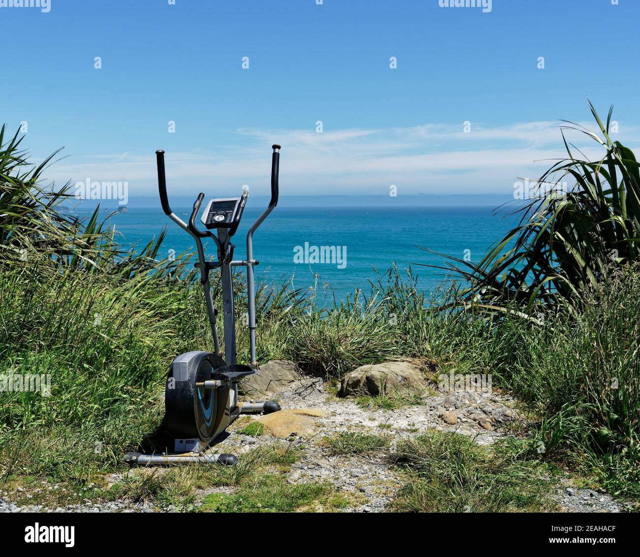 Cyclette scaricata in una layby che si affaccia sull'oceano e che assomiglia a una palestra con vista, costa occidentale, isola meridionale, Nuova Zelanda. Foto Stock