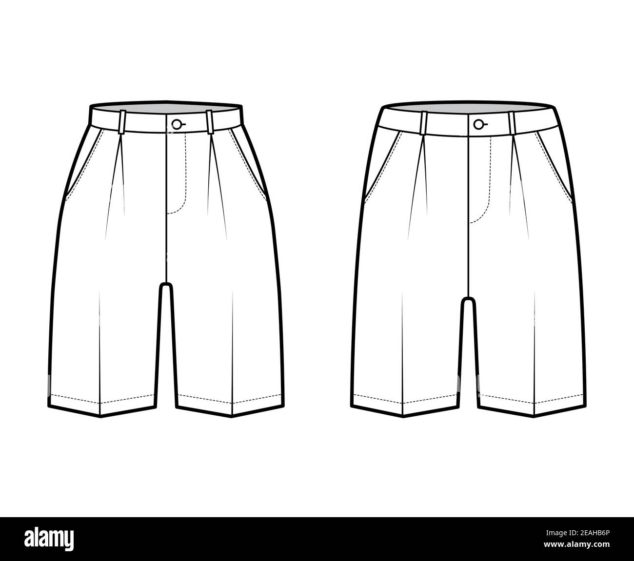 Set di pantaloncini Bermuda abito tecnica illustrazione moda con lunghezza  sopra il ginocchio, pezza singola, vita bassa, aumento, tasca con taglio.  Piatto fondo calpestante anteriore di colore bianco. Donne, uomini CAD  mockup