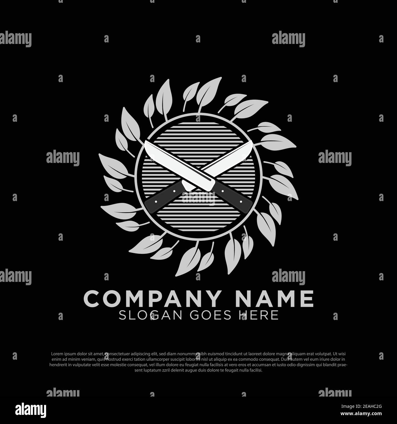 organic food restaurant logo vettore di design con coltelli nel cerchio delle lamelle Illustrazione Vettoriale