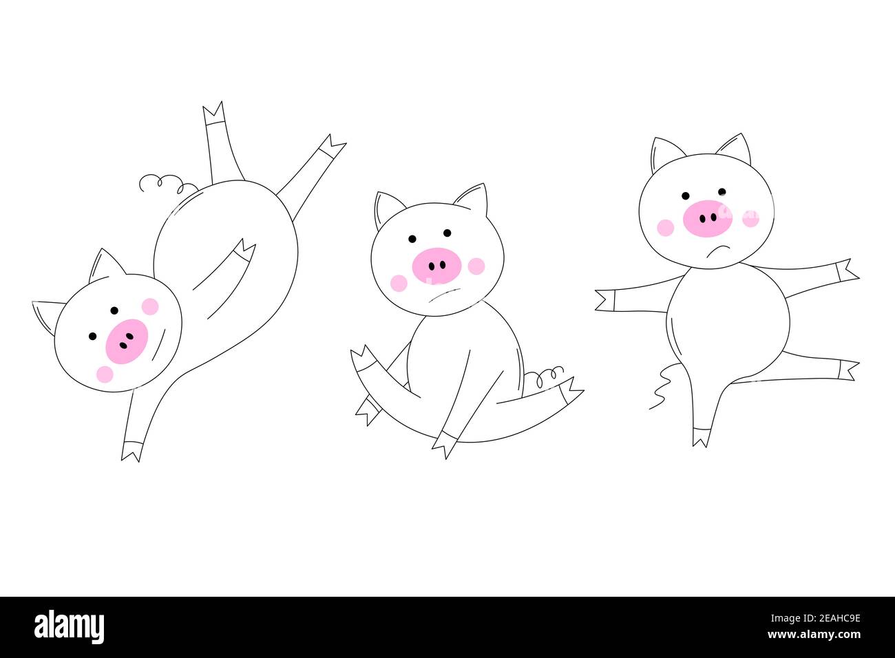 Set di animali. Il maialino fa esercizi, va in per gli sport. Libro da colorare per bambini. Colorare le immagini con il maiale carino. Illustrazione vettoriale del contorno Illustrazione Vettoriale