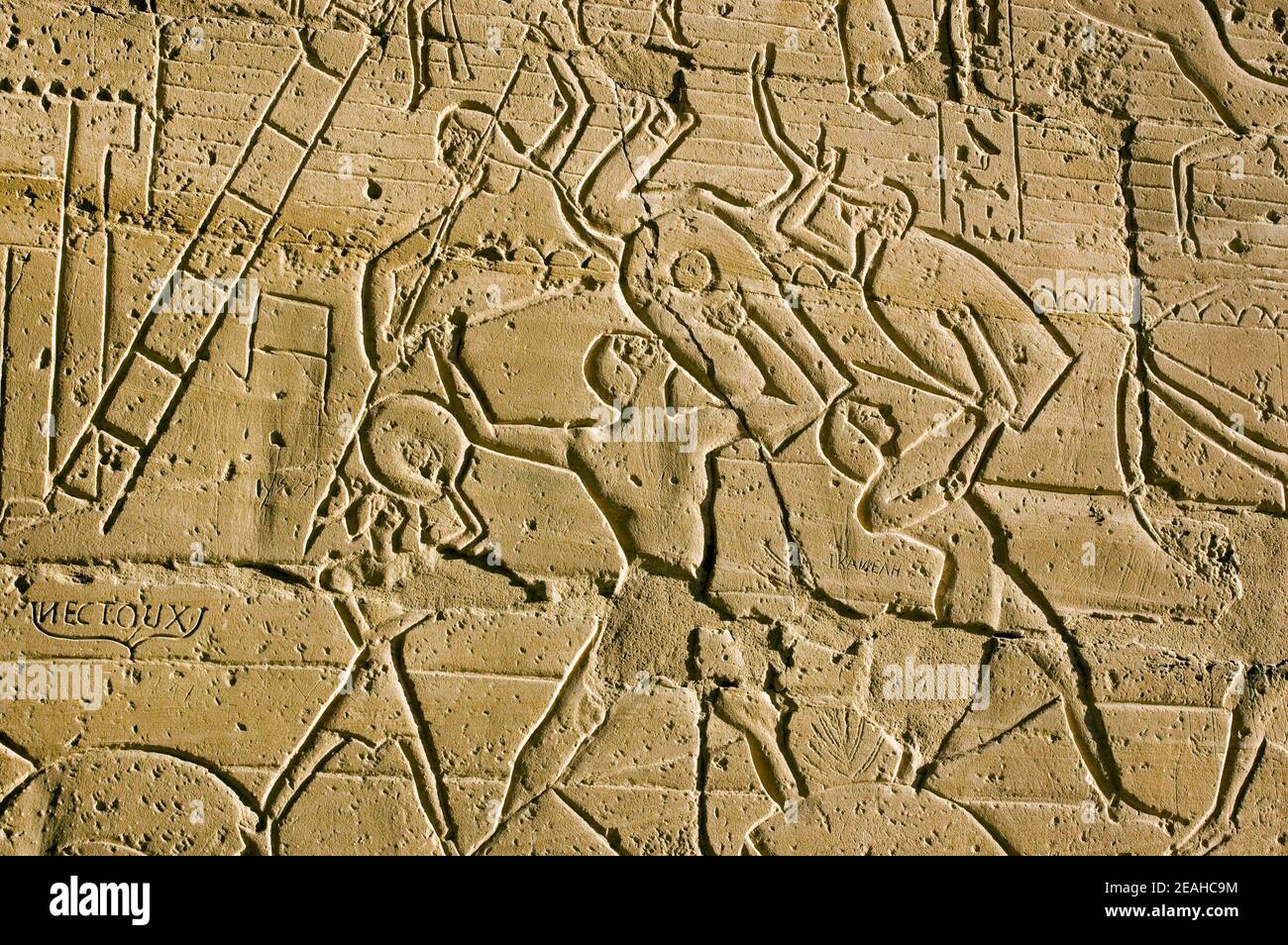Antichi soldati egiziani combattono nella battaglia di Kadesh . Fregio scolpito in pietra sul secondo pilone del tempio Ramesseum del faraone Ramses II, Lux Foto Stock