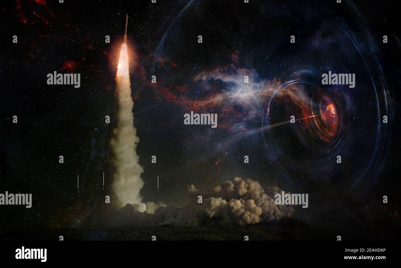 Lancio di astronave a mondi e stelle lontani, esplorazione e concetto di viaggio spaziale. Elementi di questa immagine forniti dalla NASA. Foto Stock