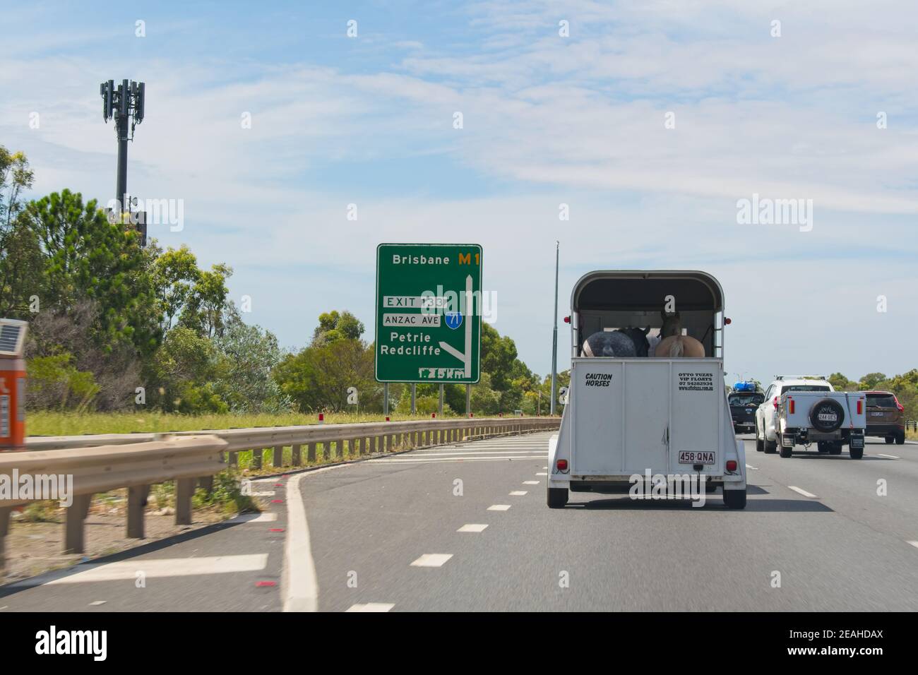 Brisbane, Queensland, Australia - 07 febbraio 2021: Guida in autostrada dietro un rimorchio a cavallo Foto Stock