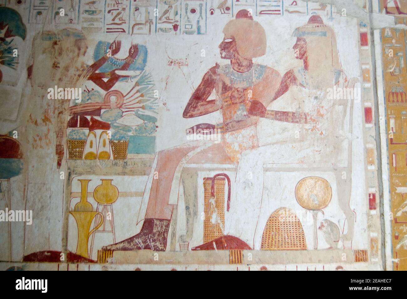 Antica pittura egiziana dello Scribe reale Userhat con sua moglie. Tomba, Luxor. Foto Stock