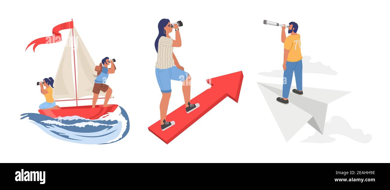 Persone che guardano attraverso telescopio, immagine vettoriale piatta. Guardare avanti, guardare al futuro, cercare nuove idee. Illustrazione Vettoriale