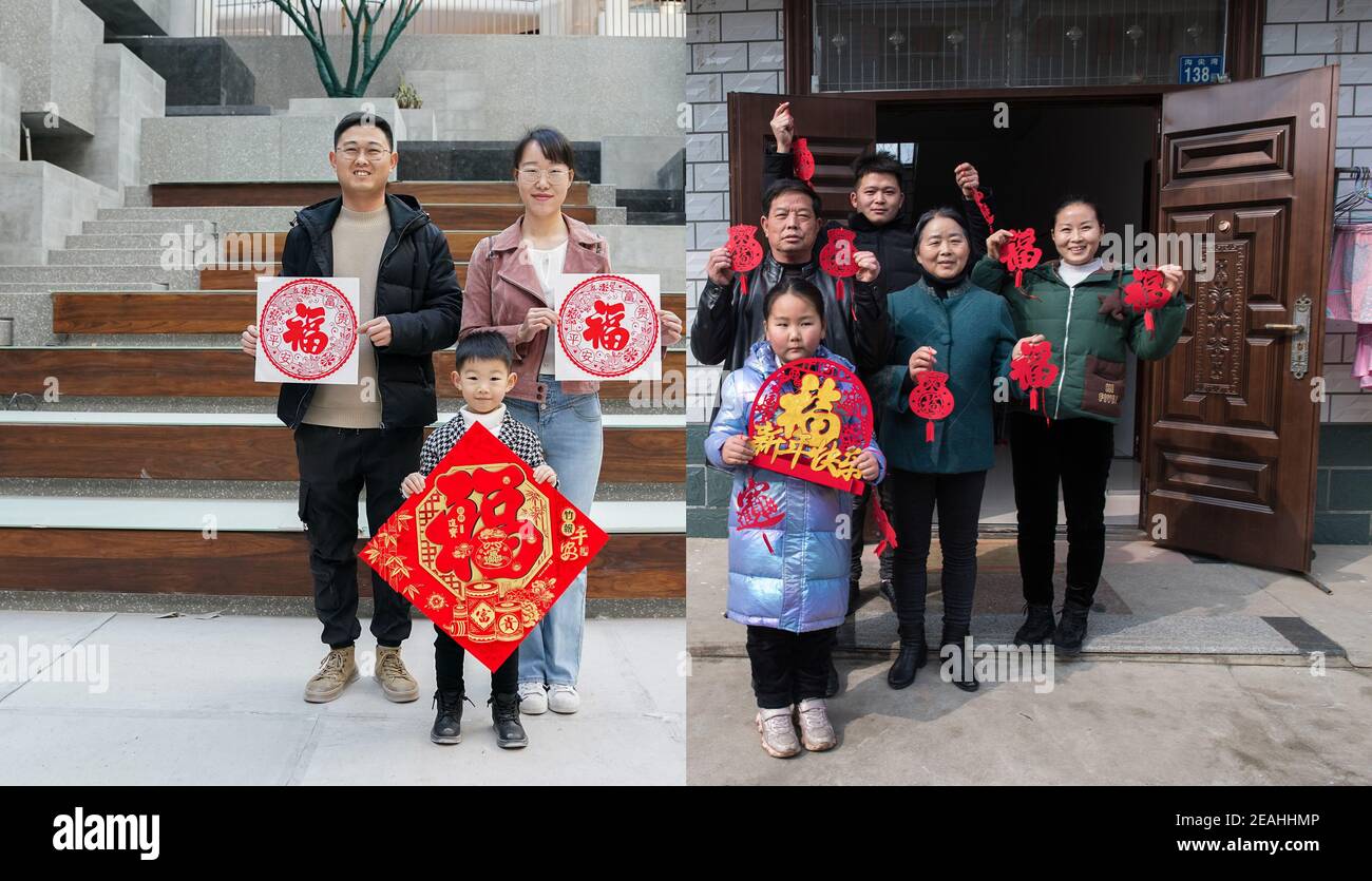 (210210) -- SHANGHAI, 10 febbraio 2021 (Xinhua) -- questo ritratto combinato della riunione di famiglia del Festival della Primavera consiste di due parti: La metà sinistra, presa da Ding Ting, mostra Yang Xiakun che posa con sua moglie e suo figlio in un luogo di costruzione dove Yang lavora a Shanghai della Cina orientale il 9 febbraio 2021; La metà destra, presa da Xiao Yijiu, mostra il padre di Yang Xiakun Yang Liehua (1° L, riga centrale), madre Xu Xingzhi (2° R), sorella Yang Man (1° R), cognata WAN li (3° R) e nipote Xu Xiyang che posano a casa di famiglia a Wuhan, nella provincia centrale di Hubei, l'8 febbraio. 2021. Il festival di primavera è solo un aroun Foto Stock