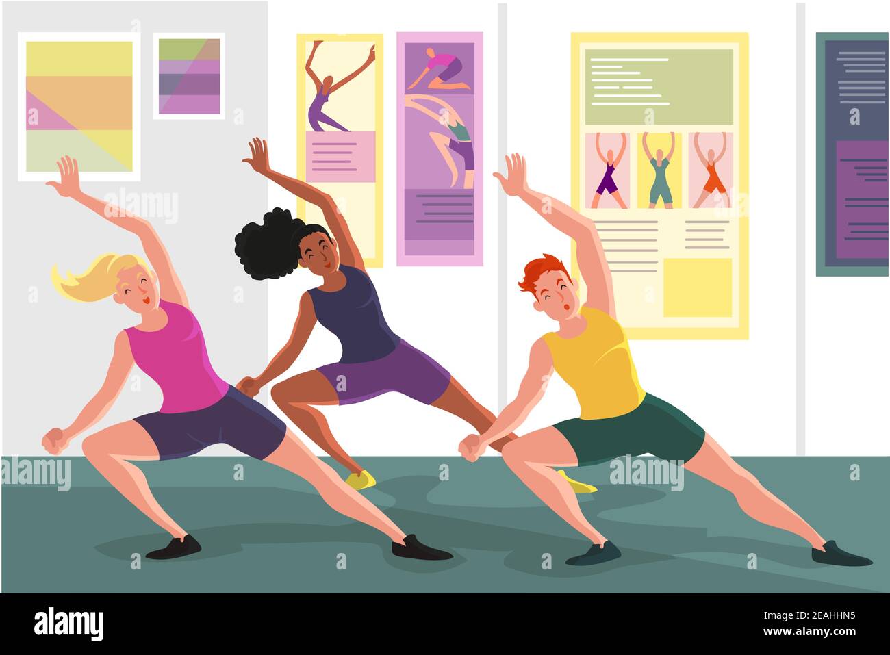Lezione di fitness di danza disegnata a mano piatta con illustrazione di People Vector. Illustrazione Vettoriale