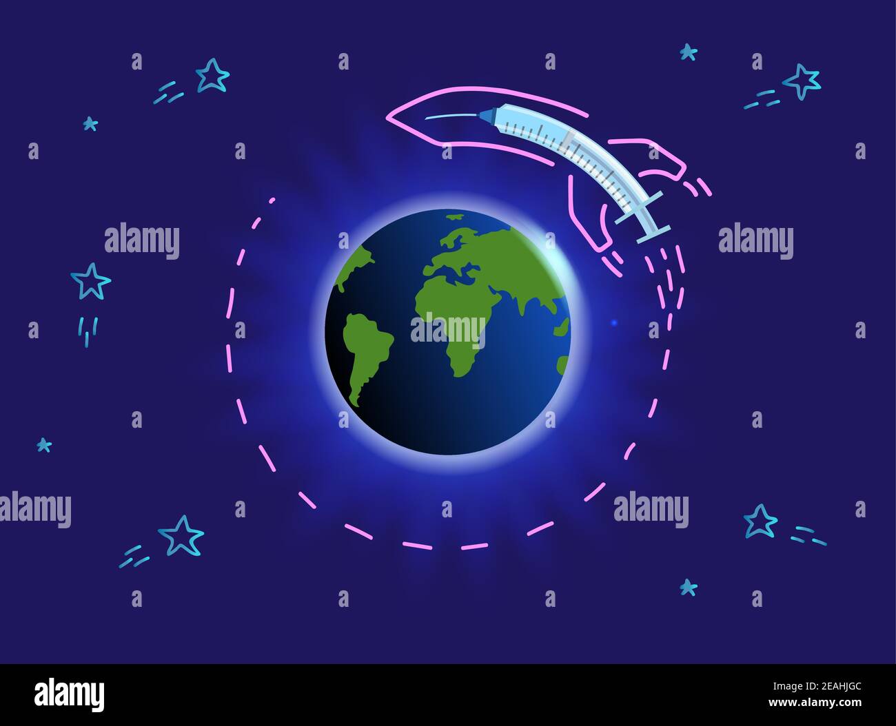 Concetto di vaccino diffuso in tutto il mondo. Distribuzione delle vaccinazioni in tutto il mondo. Razzo con vaccino sta volando intorno alla terra. Illustrazione vettoriale attivata Illustrazione Vettoriale