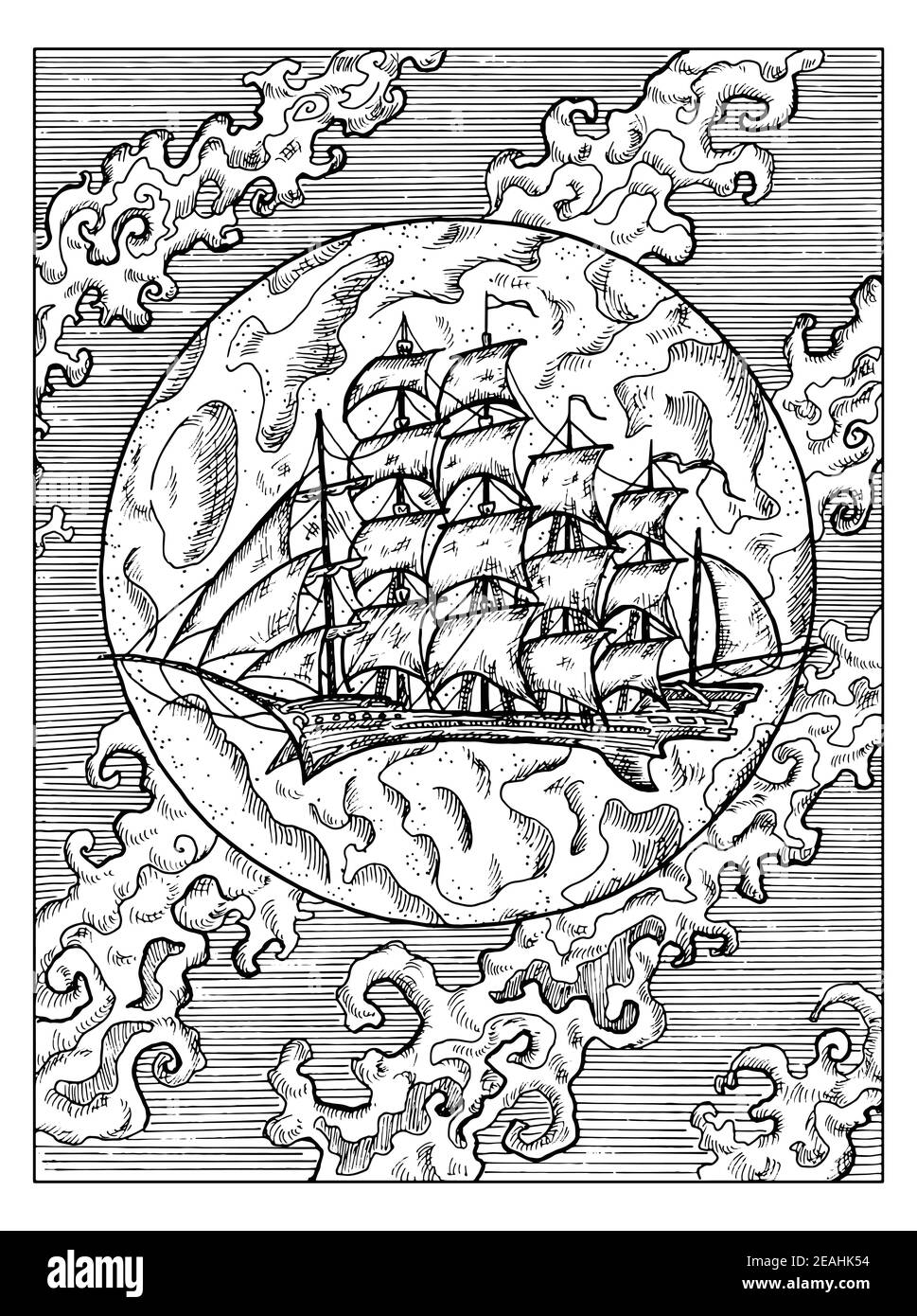 Illustrazione marina in bianco e nero con vecchia nave a vela o barca a vela contro la luna piena e le nuvole. Disegni nautici vettoriali, concetto di avventura, colore Illustrazione Vettoriale