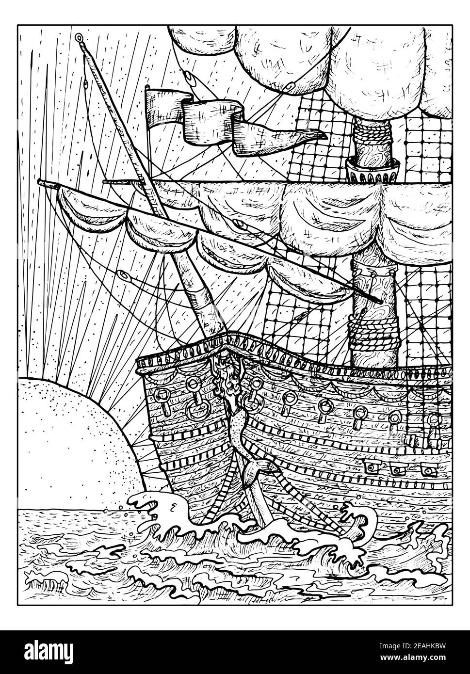 Illustrazione marina in bianco e nero con vecchia barca a vela o barca a vela e sole che sorge. Disegni nautici vettoriali, concetto di avventura, pagina del libro da colorare, Illustrazione Vettoriale
